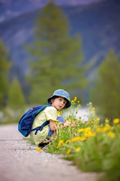 Bambino carino, ragazzo, camminando su un piccolo sentiero nelle Alpi svizzere — Foto Stock