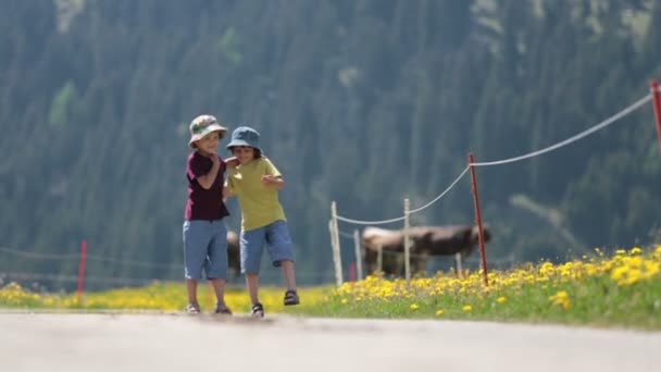 Niños felices caminando por un sendero rural en los Alpes suizos, primavera, vacas en el campo — Vídeo de stock