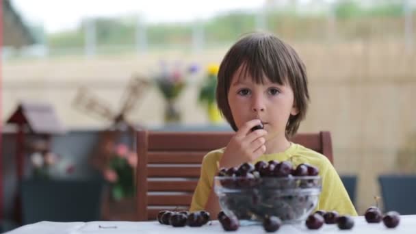 Schattige kleine jongen, eten van zoete kers buitenshuis, zittend op tafel — Stockvideo