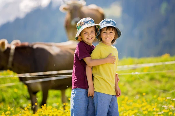 Niños felices caminando por un sendero rural en los Alpes suizos, primavera — Foto de Stock