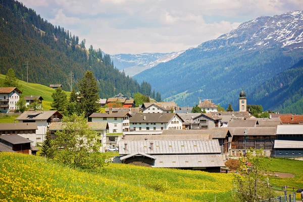 Beautiful spring landscape in Switzerland Alps with fields of da — Stock Photo, Image