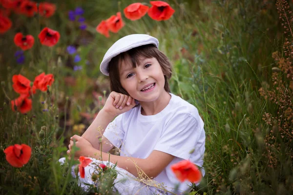 Niño en edad preescolar en un campo de amapola, primavera —  Fotos de Stock