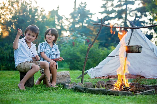 Zwei süße Kinder, junge Brüder, campen draußen im Sommer auf — Stockfoto