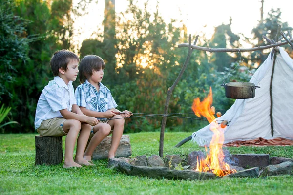 Duas crianças doces, irmãos meninos, acampando fora do verão em — Fotografia de Stock