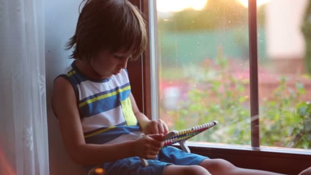 Mignon petit enfant en bas âge, jouer avec un abaque sur une fenêtre — Video