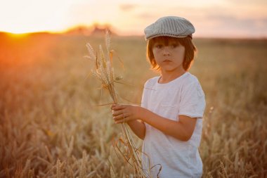 Neşeli çocuk, çocuk, sabun köpüğü bir buğday alanında su Tarih peşinde.