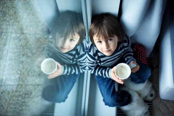 可爱小学龄前的孩子，男孩，喝牛奶，坐在 — 图库照片