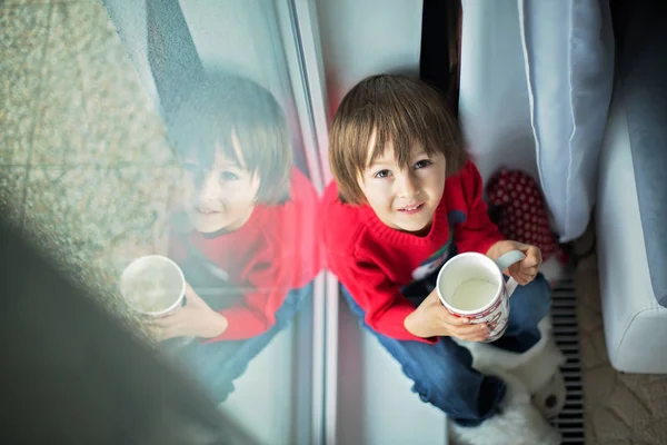 Adorabile bambino in età prescolare, ragazzo, bere latte, seduto su — Foto Stock