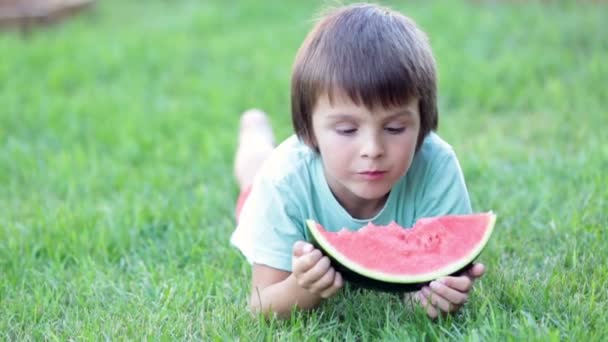 Criança feliz, menino com melancia em um jardim, verão — Vídeo de Stock