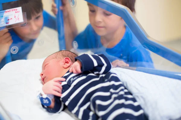 Doğum öncesi hastanede beşiğinde yatan yeni doğmuş güzel bir erkek bebek., — Stok fotoğraf