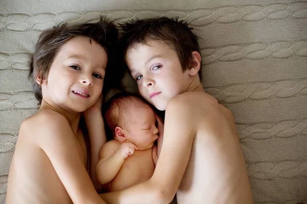 Δύο παιδιά, νήπια και τον μεγάλο αδελφό, αγκάλιασμα και το φίλημα t — Φωτογραφία Αρχείου
