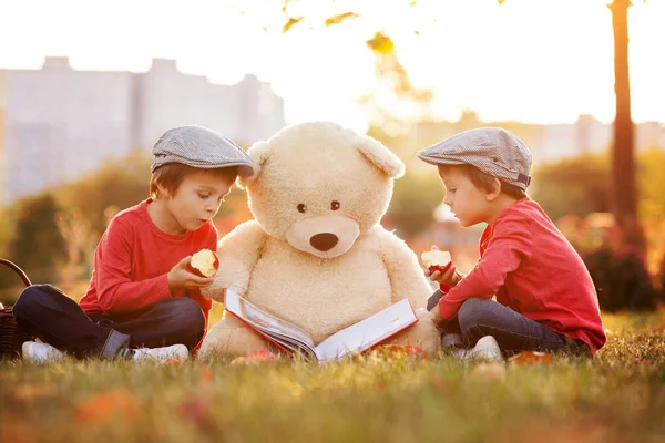 Two adorable little boys with his teddy bear friend in the park — Stock Photo, Image