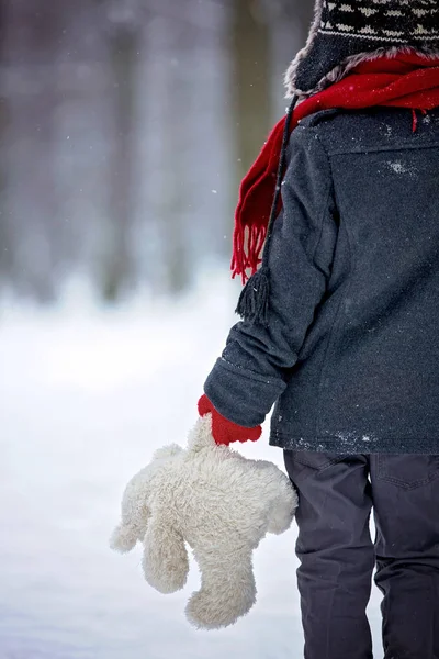 Triste niño perdido, niño en un bosque con oso de peluche, invierno — Foto de Stock