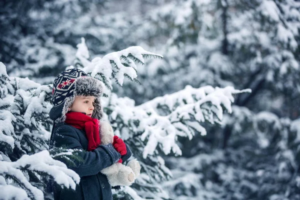 Triste niño perdido, niño en un bosque con oso de peluche, invierno — Foto de Stock