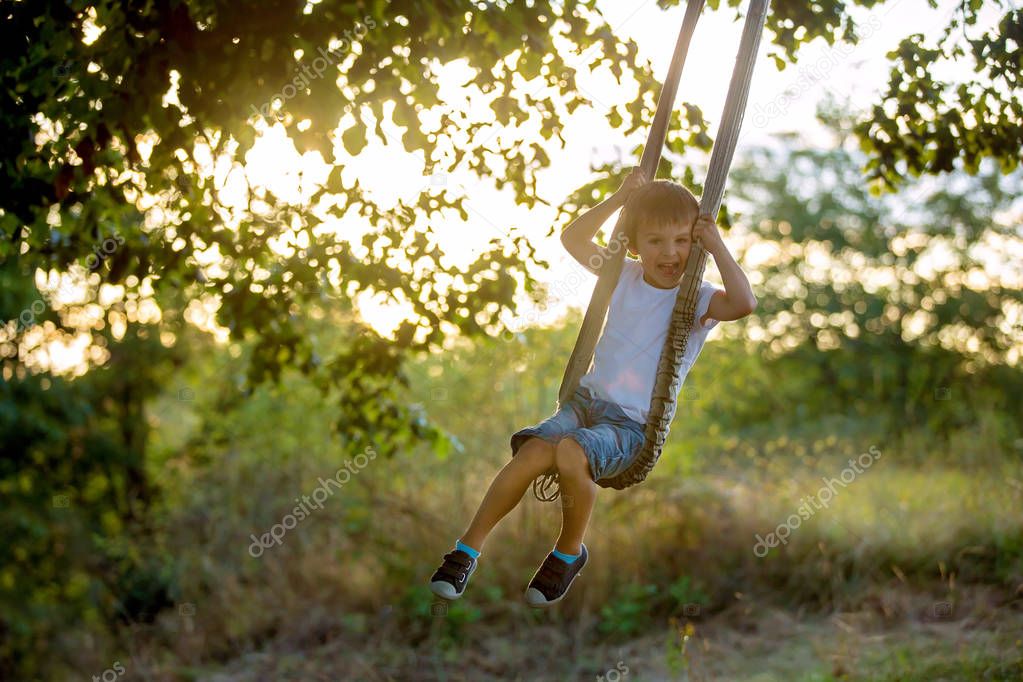 Cute child, boy, having fun on a swing in the backyard 
