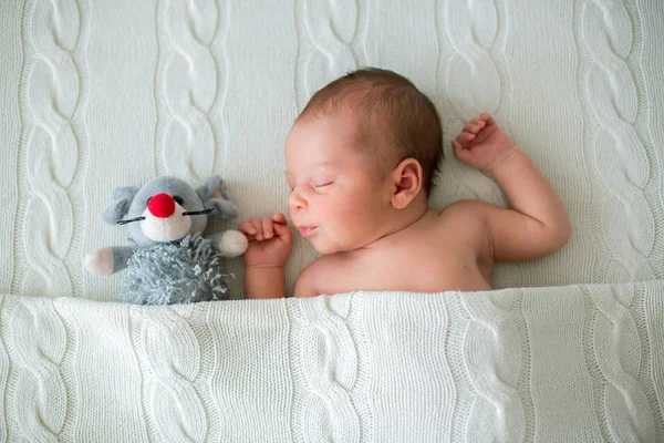 Slapende pasgeboren jongetje, knuffelen beetje gebreide speelgoed — Stockfoto