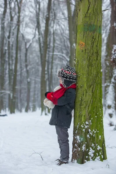 Triste niño perdido, niño en un bosque con oso de peluche, invierno — Foto de Stock