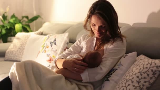 Joven hermosa madre, amamantando a su bebé recién nacido por la noche, luz tenue. Mamá amamantando bebé — Vídeos de Stock