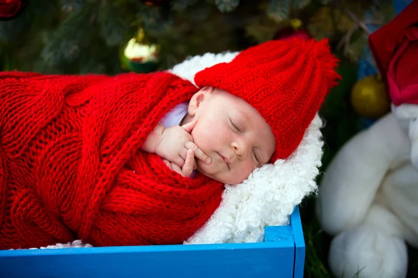 Portrait of newborn baby in Santa clothes lying under Christmas — Stock Photo, Image