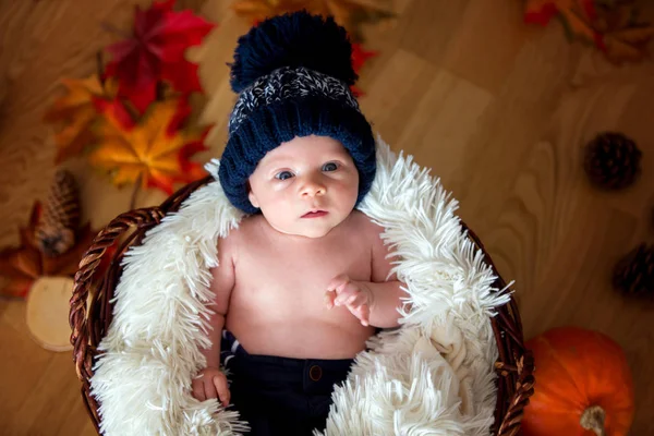 Niño recién nacido lindo con sombrero de punto en una cesta —  Fotos de Stock