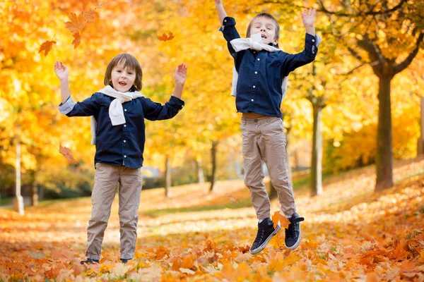 Niños felices, hermanos, jugando en el parque, lanzando leav — Foto de Stock