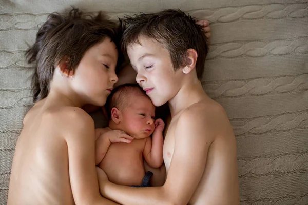 İki çocuk, yürümeye başlayan çocuk ve onun büyük kardeşi, sarılma ve öpüşme t