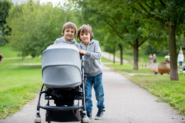 Twee kinderen, jongens, duwen wandelwagen met kleine baby — Stockfoto