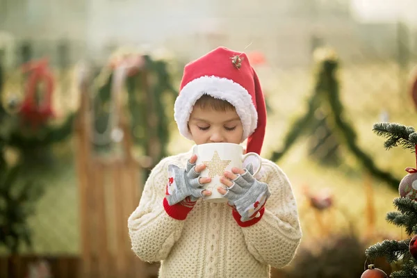 Прекрасный школьник, мальчик, держит рождественскую кружку, пьет чай — стоковое фото