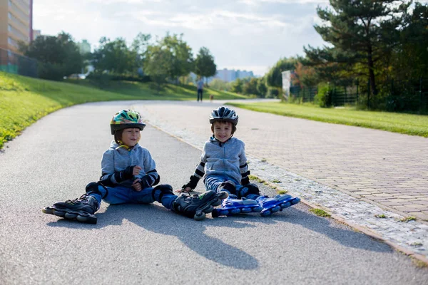 Niños lindos preescolares jóvenes, hermanos varones, patinaje en el parque —  Fotos de Stock