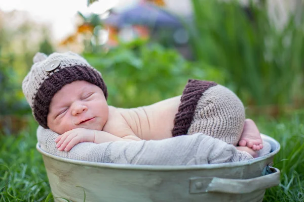 Little sweet newborn baby boy, sleeping in crate with knitted pa — Stock Photo, Image