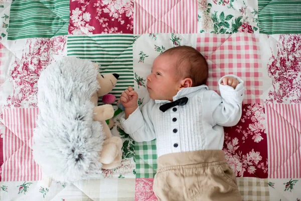 Güzel bir yeni doğmuş bebek çocuk, küçük beyefendi gibi giyinmiş, — Stok fotoğraf