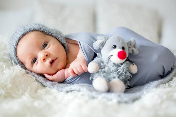 Little newborn baby boy, looking curiously at camera — Stock Photo, Image