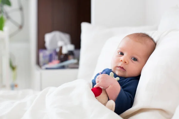 Carino neonato, sdraiato a letto con freddo — Foto Stock