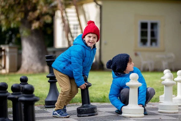 İki çocuk, erkek kardeşler, satranç büyük rakamları ile t