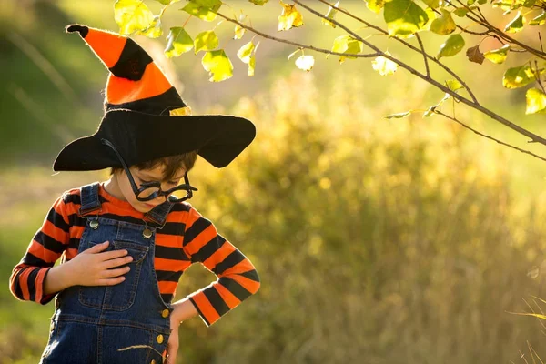 Söt liten pojke, leker med halloween-kostym i parken — Stockfoto
