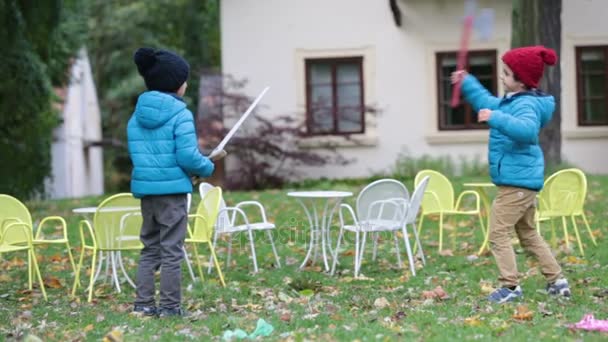 Два мальчика, играющие с мечами в парке, осеннее время — стоковое видео