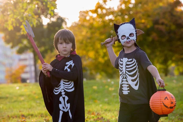 Dvě děti, chlapce bratry v parku s Halloween kostýmy — Stock fotografie