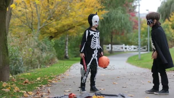 Deux enfants, garçons frères dans le parc avec des costumes d'Halloween, s'amuser — Video