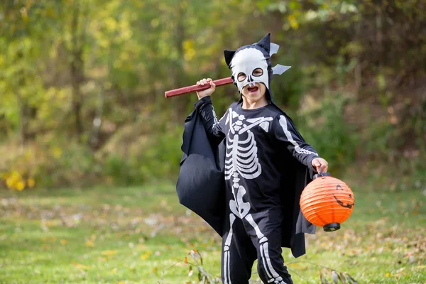 Schattig kind, jongen, gekleed in een halloween kostuum, spelen in de par — Stockfoto