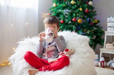 Sevimli çocuk, fasulye çanta üzerinde oturan, çay içme ve Christm zevk