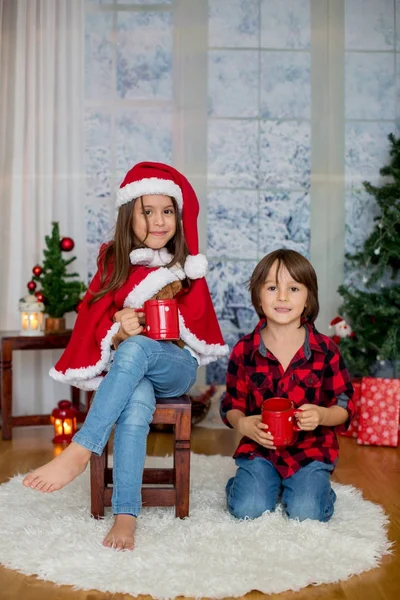 可爱的孩子, 男孩和女孩, 在圣诞节玩得开心 — 图库照片