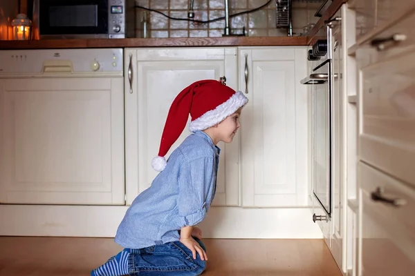 オーブンでジンジャーブレッド クッキーを見て興味津 々 の小さな男の子 — ストック写真