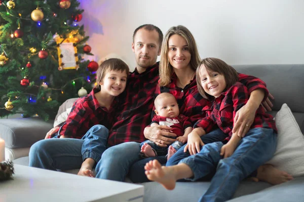 Mutlu aile portresi Noel, anne, baba ve üç chi — Stok fotoğraf