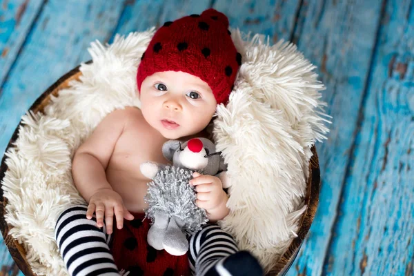 Baby jongetje met gebreide muts in een mand, gelukkig lachend — Stockfoto