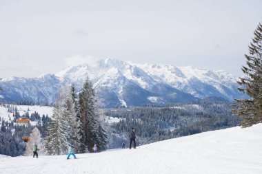 Kışın karlı manzara bir kayak Avusturya'da alansal