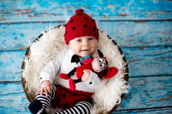 Niño pequeño con sombrero de mariquita de punto y pantalones en una cesta — Foto de Stock