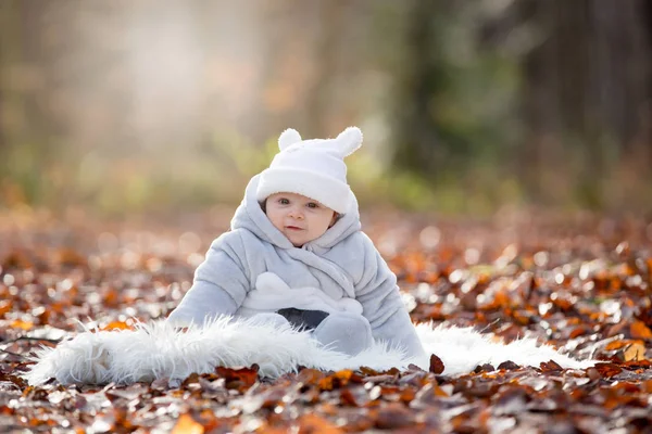 Bambino, seduto su una pelliccia bianca nella foresta — Foto Stock