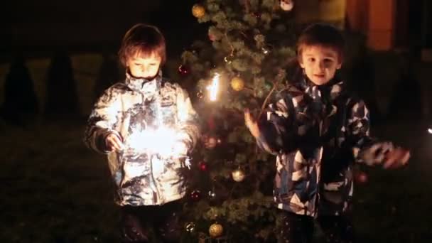 Vorschulkinder Wunderkerze Der Hand Silvester Freien Feiern Feuerwerk Ansehen — Stockvideo