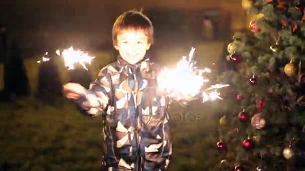 Preschool Children Holding Sparkler Celebrating New Years Eve Outdoors Watching — Stock Video