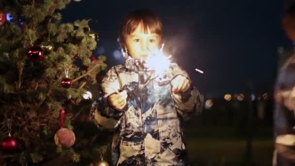Preschool Children Holding Sparkler Celebrating New Years Eve Outdoors Watching — Stock Video